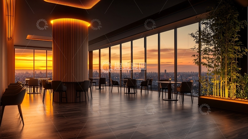 高清大图下载【趣麦麦图】现代餐厅日落城市景观