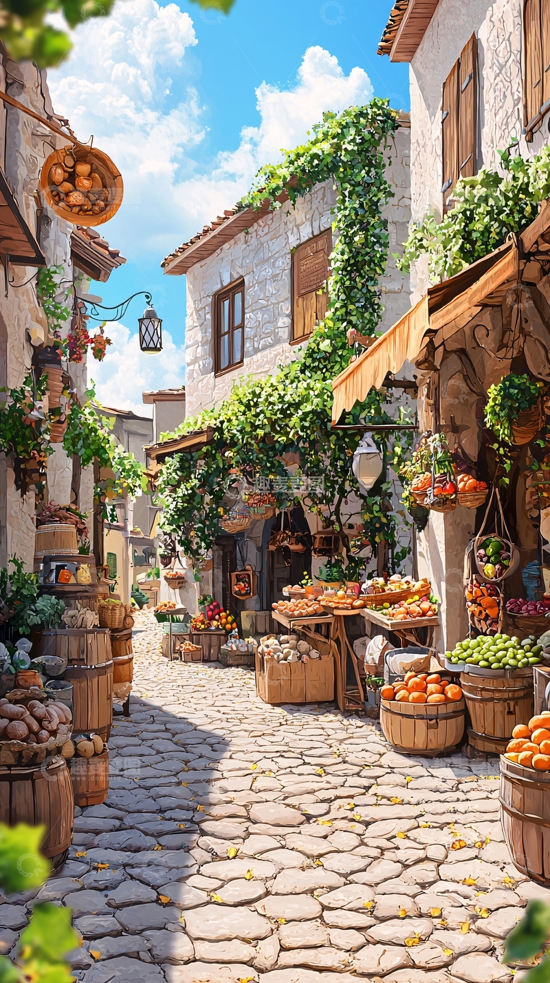 高清大图下载【趣麦麦图】中世纪小镇市场街景