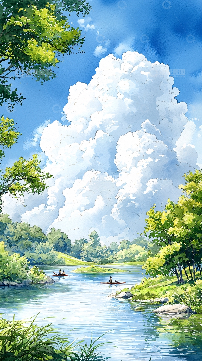 高清大图下载【趣麦麦图】夏日河边悠闲垂钓风景图