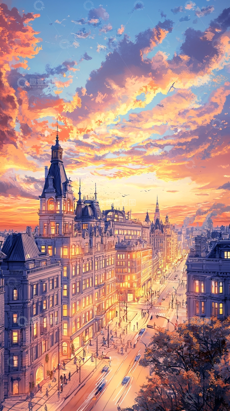 高清大图下载【趣麦麦图】夕阳下的城市街景