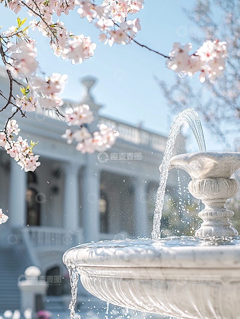 高清大图下载【趣麦麦图】春日喷泉樱花建筑
