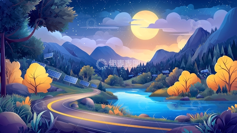 高清大图下载【趣麦麦图】夜晚山间太阳能板风光