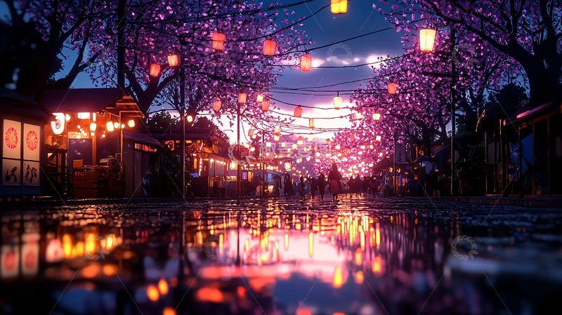 高清大图下载【趣麦麦图】樱花树下的夜晚集市