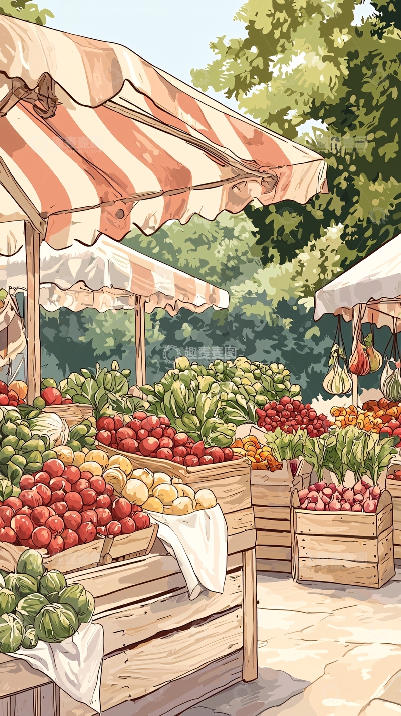 高清大图下载【趣麦麦图】户外市场新鲜蔬菜水果摊位