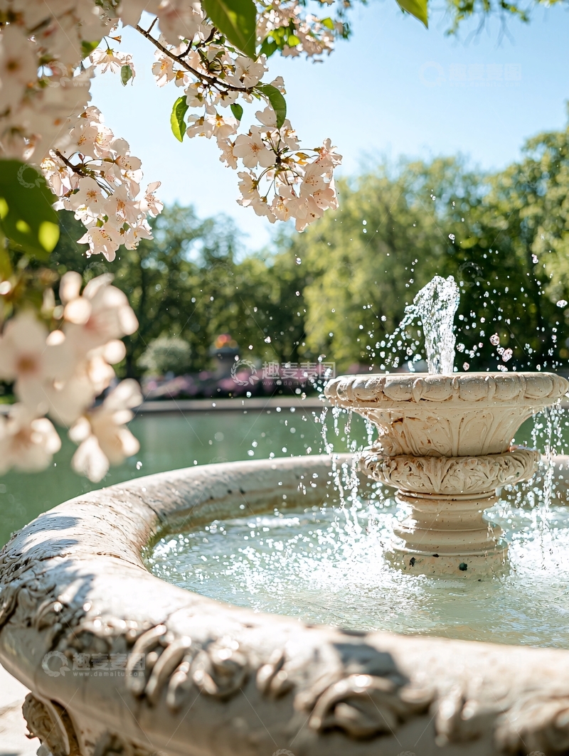 高清大图下载【趣麦麦图】樱花树下的喷泉