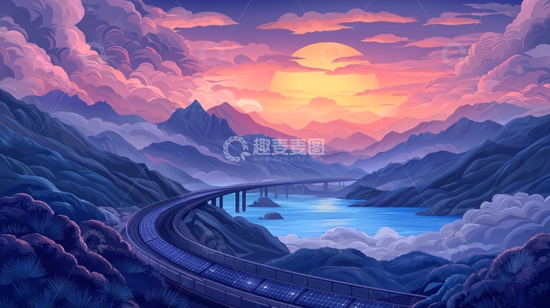 高清大图下载【趣麦麦图】日落山间太阳能列车