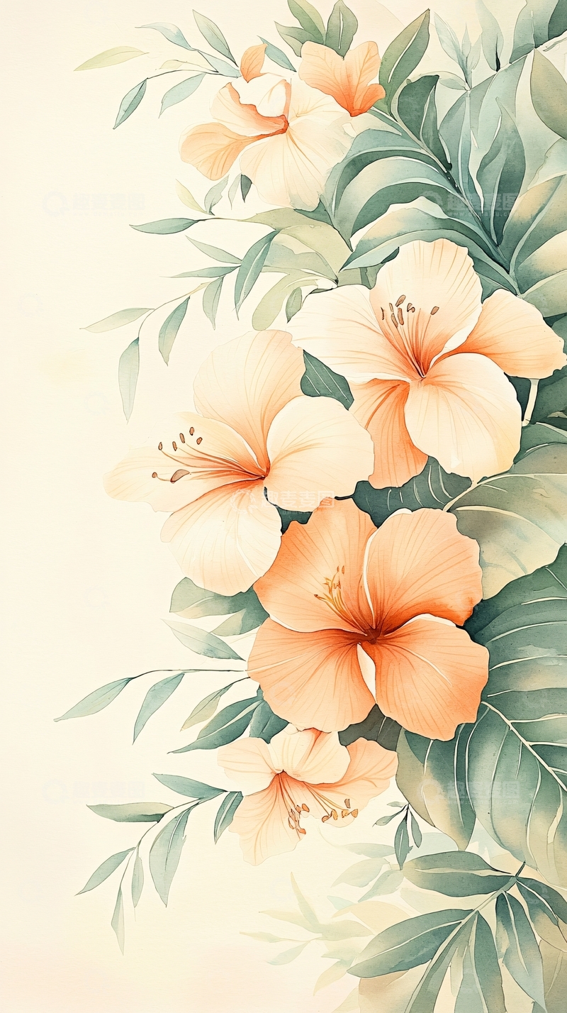 高清大图下载【趣麦麦图】热带花卉手绘插画背景图