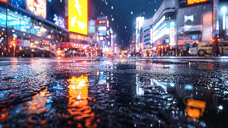 高清大图下载【趣麦麦图】雨夜霓虹灯下的城市街景