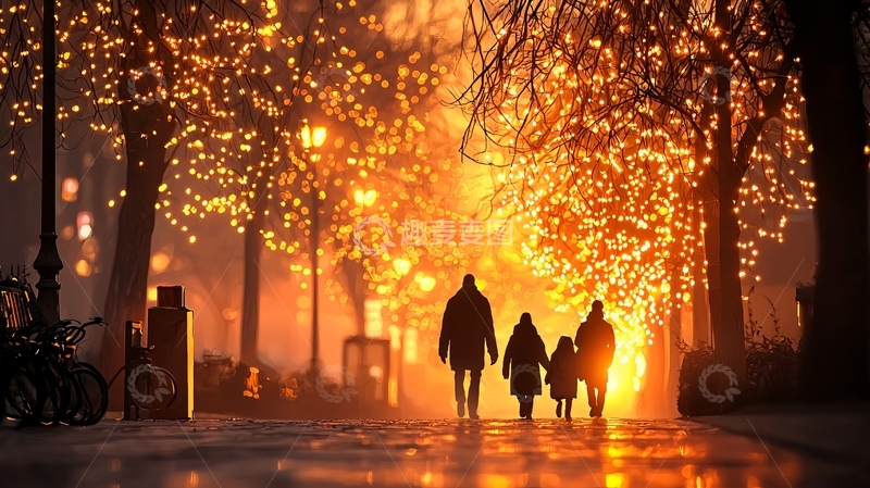 高清大图下载【趣麦麦图】秋夜灯火下的家庭漫步