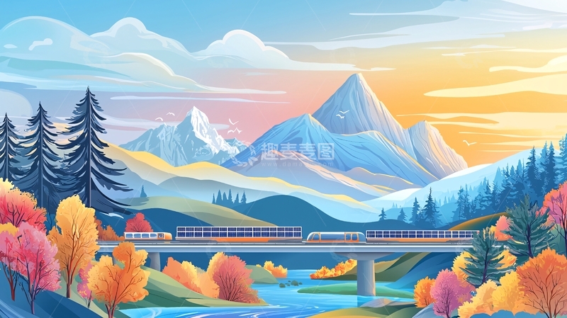 高清大图下载【趣麦麦图】秋日山间列车风景