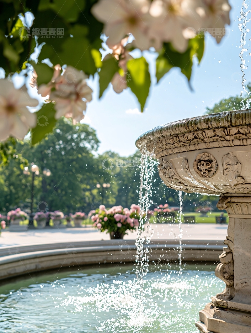 高清大图下载【趣麦麦图】喷泉和鲜花在公园