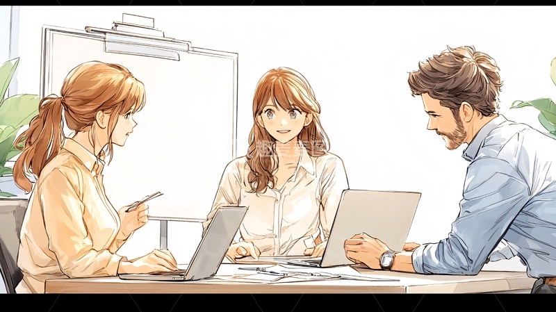 职场团队讨论的动画风格