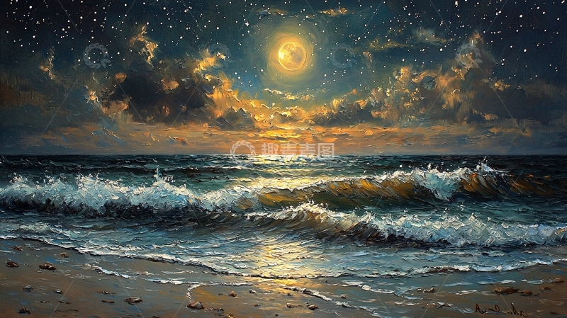 高清大图下载【趣麦麦图】夜海月光下的波浪