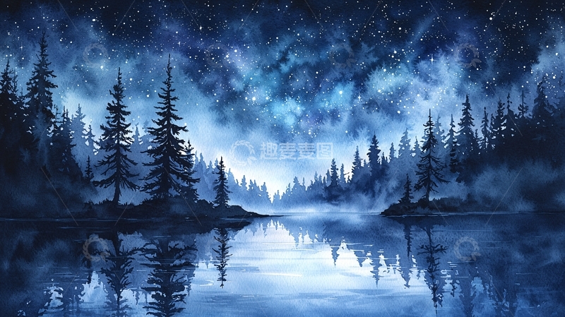 高清大图下载【趣麦麦图】夜色森林湖畔宁静场景