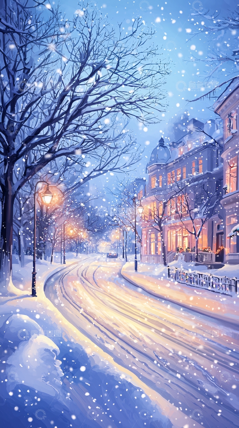 高清大图下载【趣麦麦图】冬日雪景街道夜景