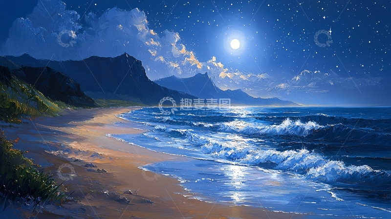 高清大图下载【趣麦麦图】月光下的海滩与山脉