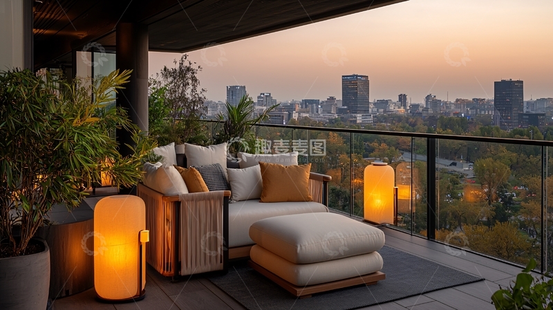 高清大图下载【趣麦麦图】城市天际线阳台休闲沙发场景