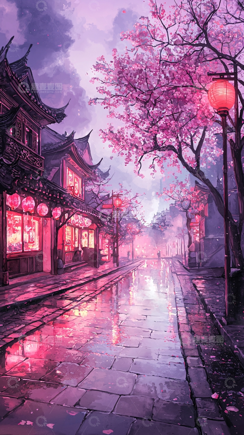 高清大图下载【趣麦麦图】樱花雨中的古街夜景