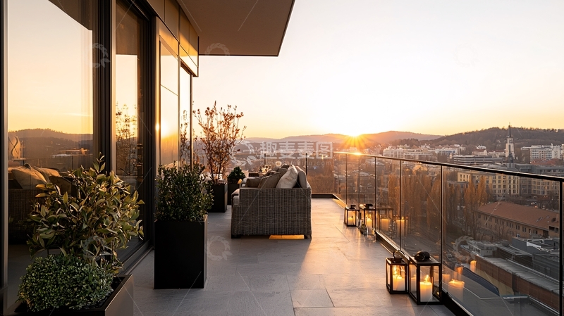 高清大图下载【趣麦麦图】日落时分的城市阳台风景