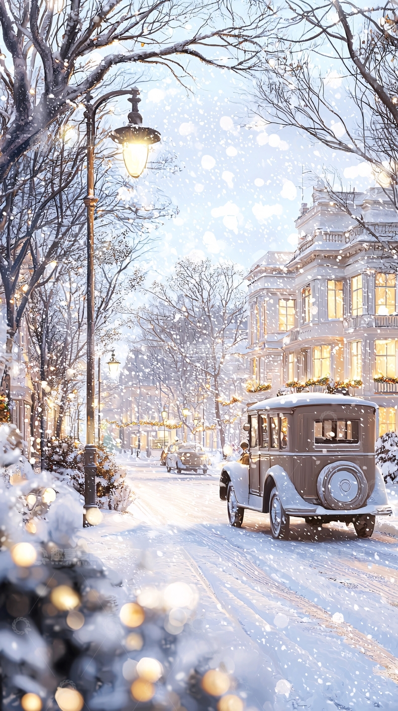高清大图下载【趣麦麦图】冬日雪景复古汽车街道