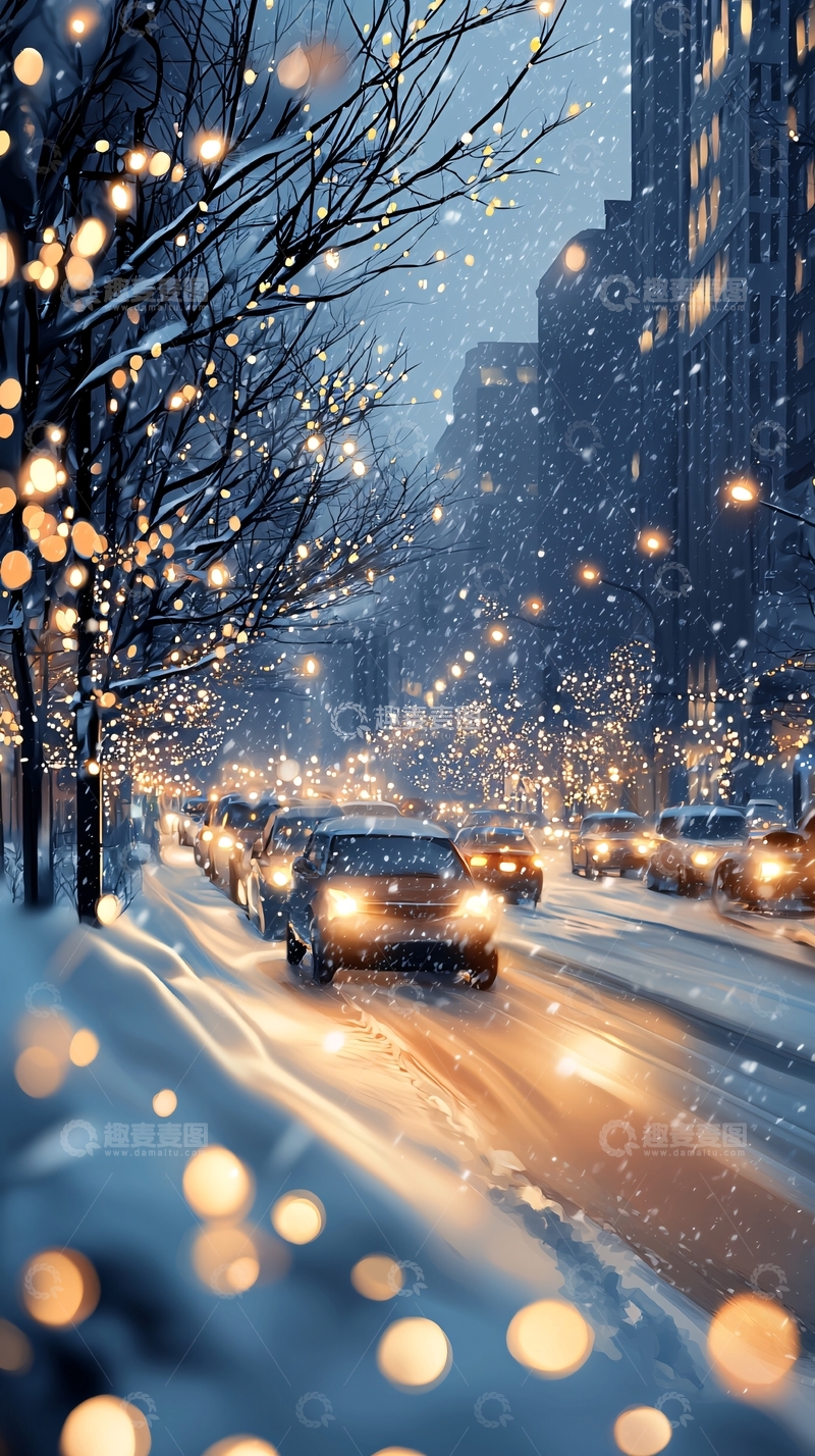 高清大图下载【趣麦麦图】冬夜雪景街道车流
