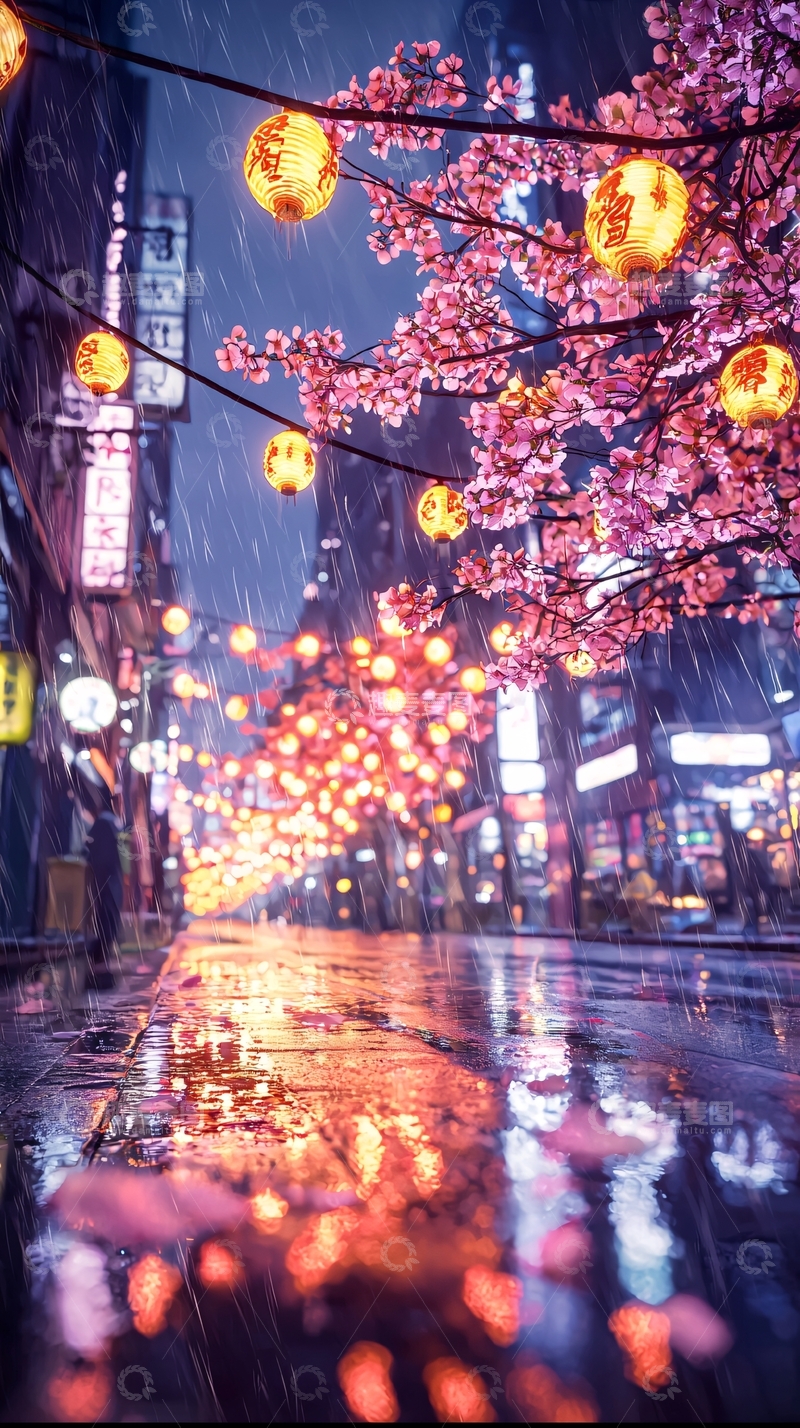 高清大图下载【趣麦麦图】樱花雨夜下的霓虹街景