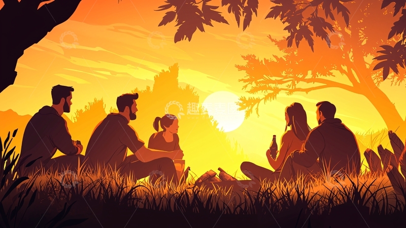 高清大图下载【趣麦麦图】夕阳下朋友们围坐聊天