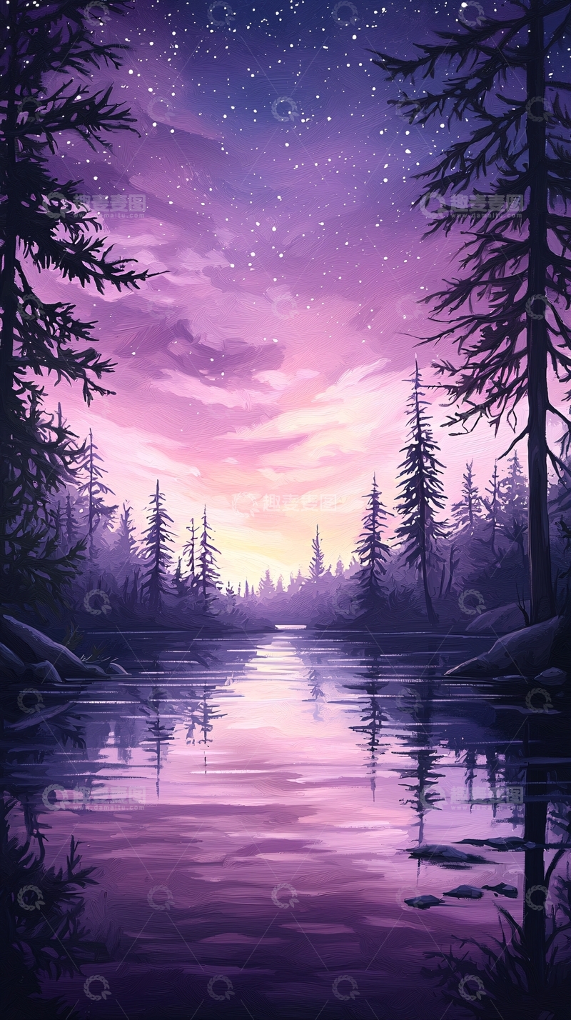 高清大图下载【趣麦麦图】紫色夜景下的宁静湖泊