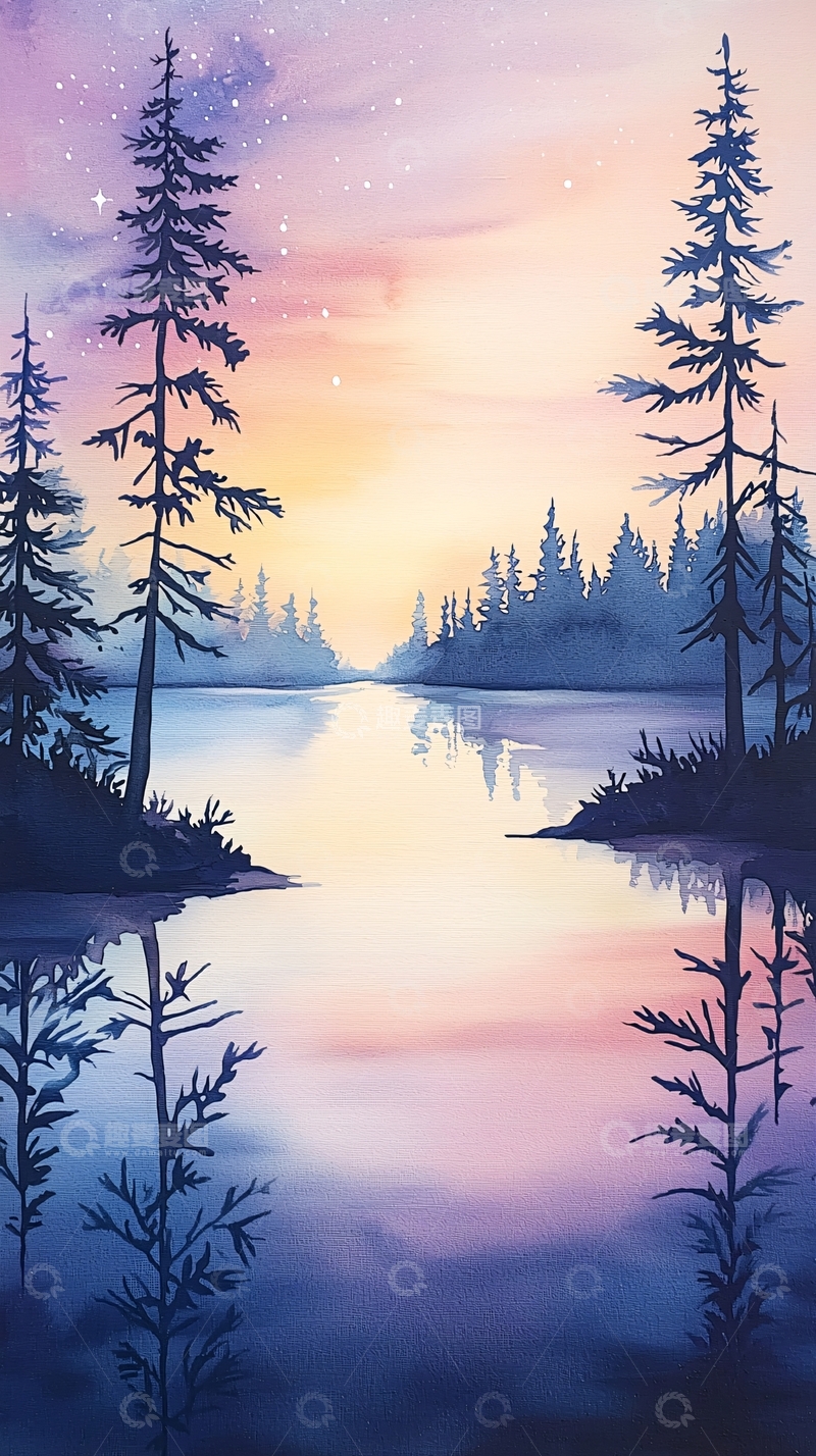 高清大图下载【趣麦麦图】冬夜湖畔松林静谧