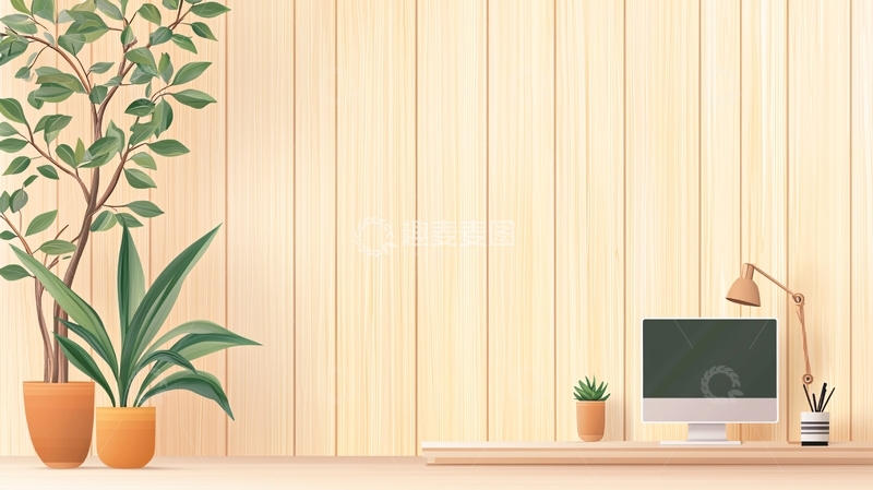 高清大图下载【趣麦麦图】简约木质背景办公桌植物装饰