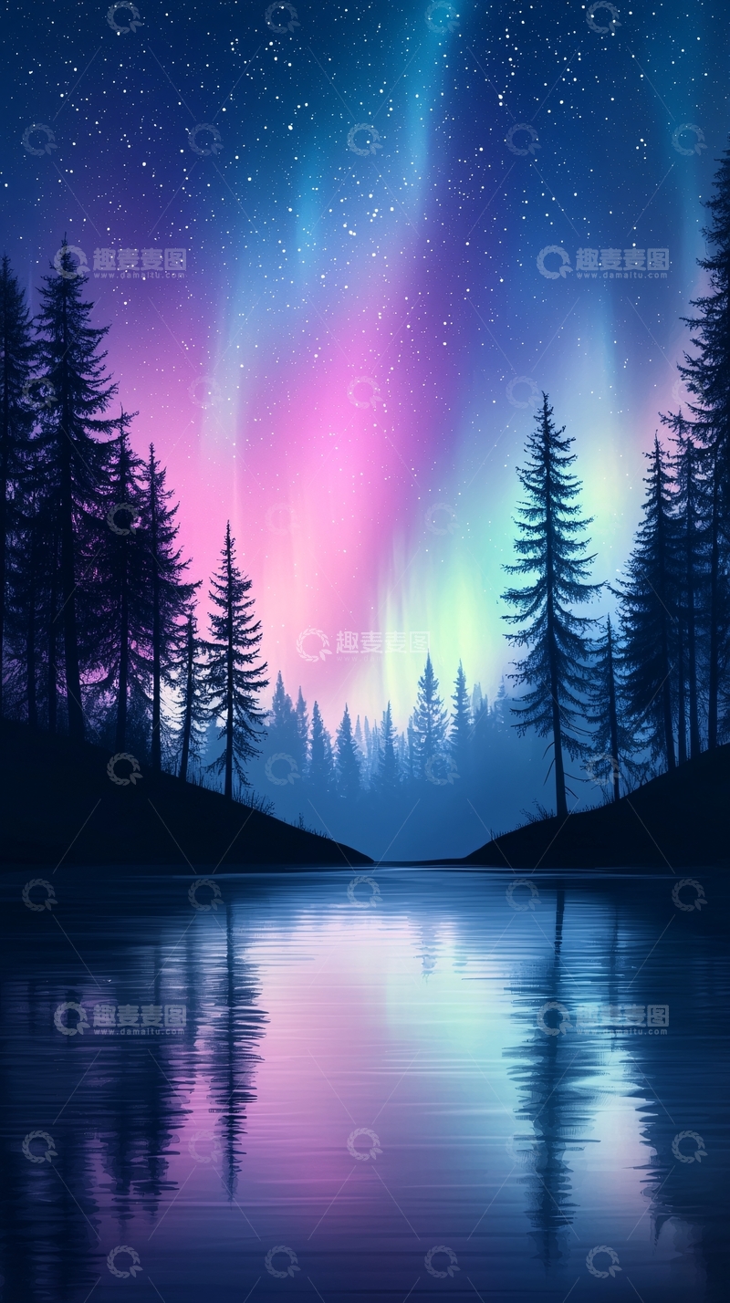 高清大图下载【趣麦麦图】极光下的静谧森林
