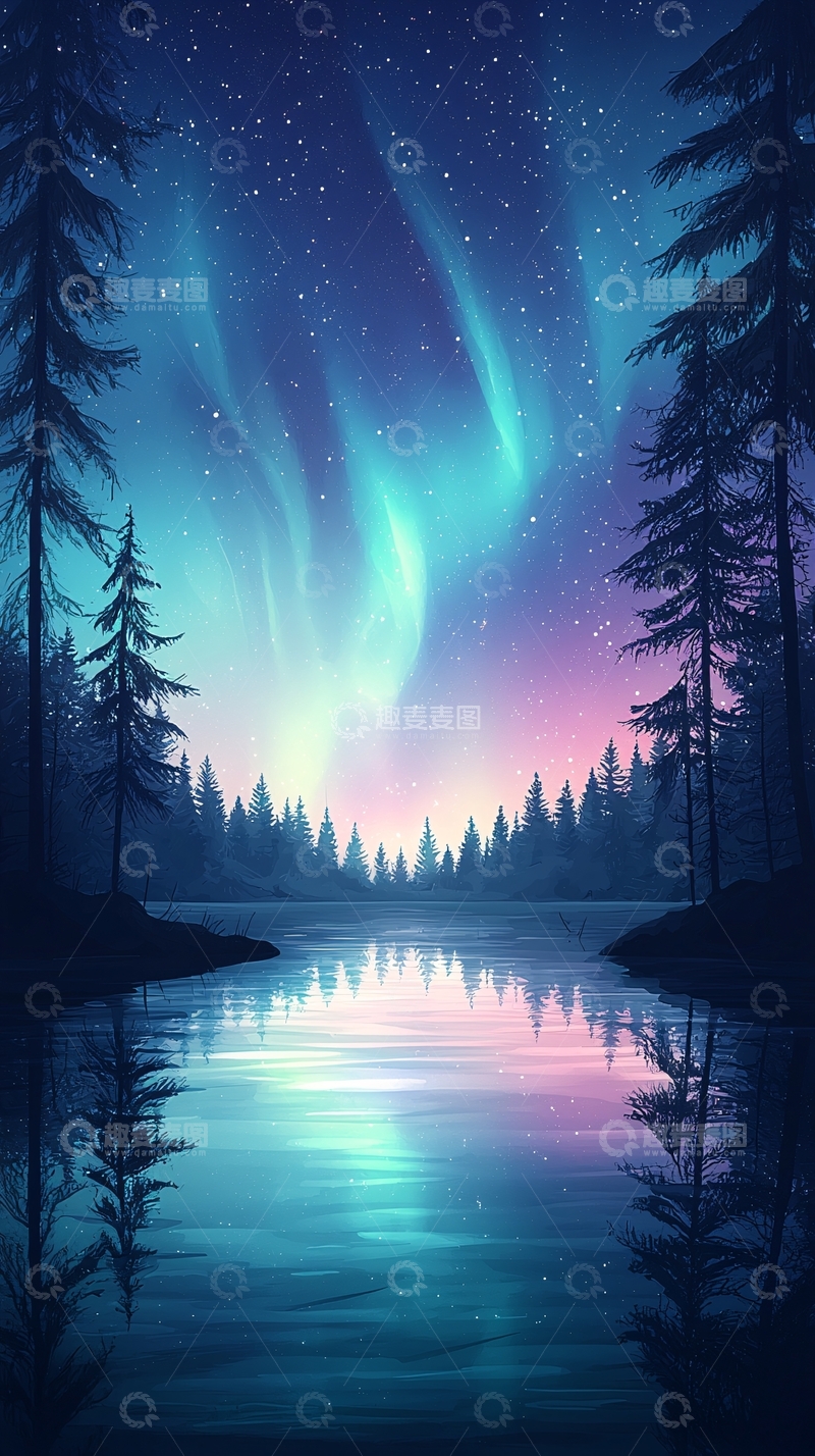 高清大图下载【趣麦麦图】极光下的静谧森林