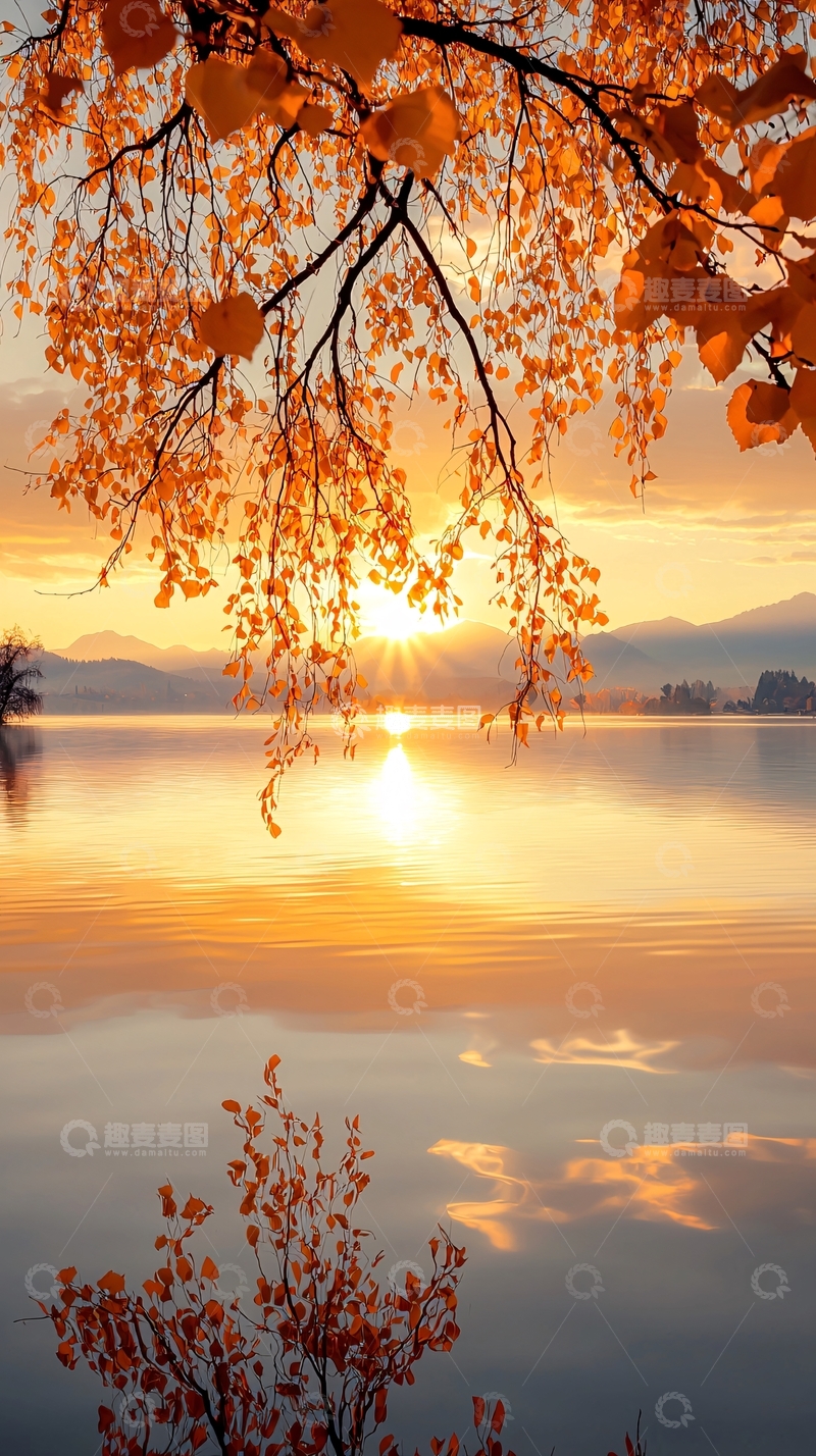 高清大图下载【趣麦麦图】秋日湖畔夕阳美景