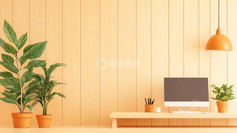 高清大图下载【趣麦麦图】简约木质背景办公桌植物灯饰