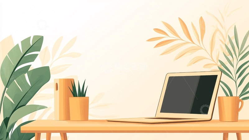 高清大图下载【趣麦麦图】简约办公桌植物装饰插画
