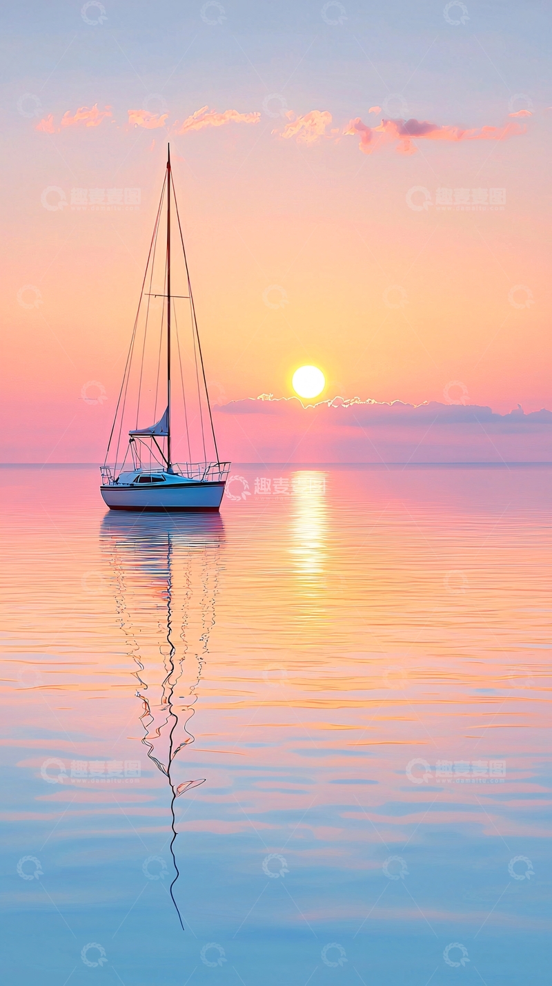 高清大图下载【趣麦麦图】日落海面帆船宁静