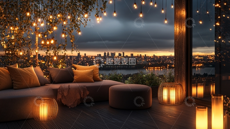 高清大图下载【趣麦麦图】温馨露台夜景沙发灯饰