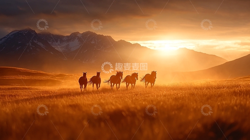 高清大图下载【趣麦麦图】草原奔腾的马群