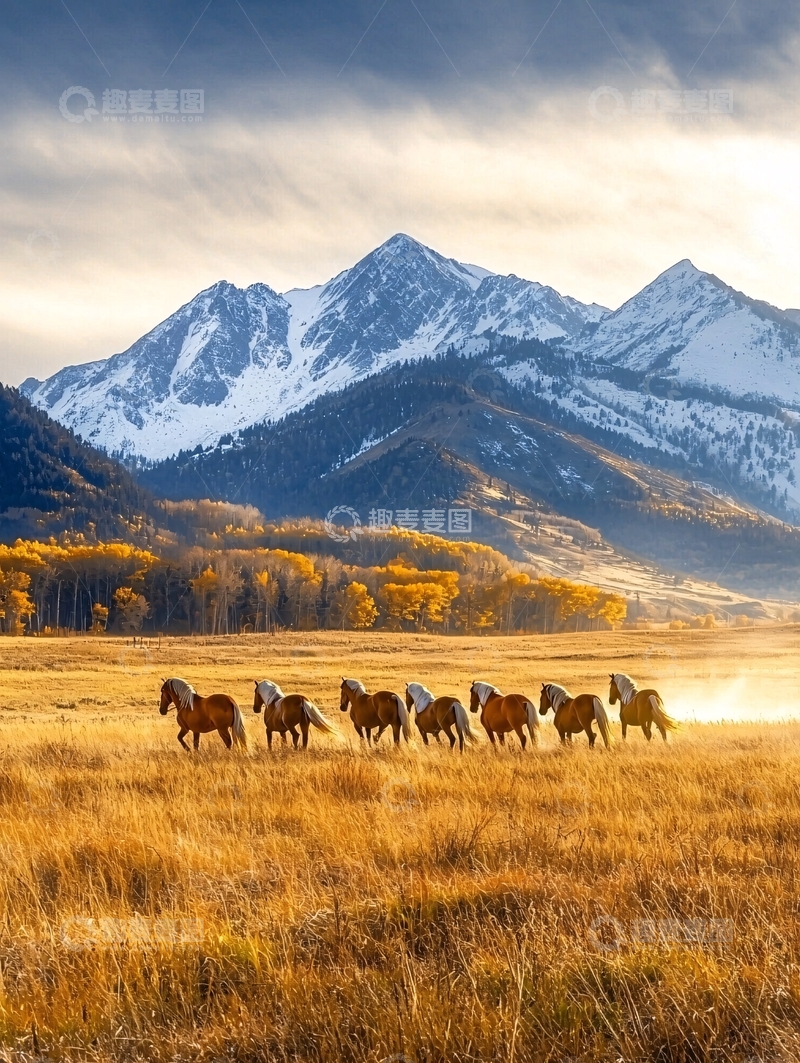 高清大图下载【趣麦麦图】奔腾骏马雪山背景