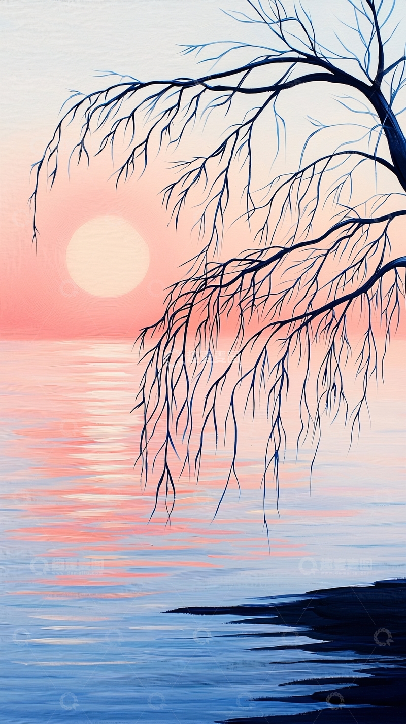 高清大图下载【趣麦麦图】夕阳下的垂柳与湖面