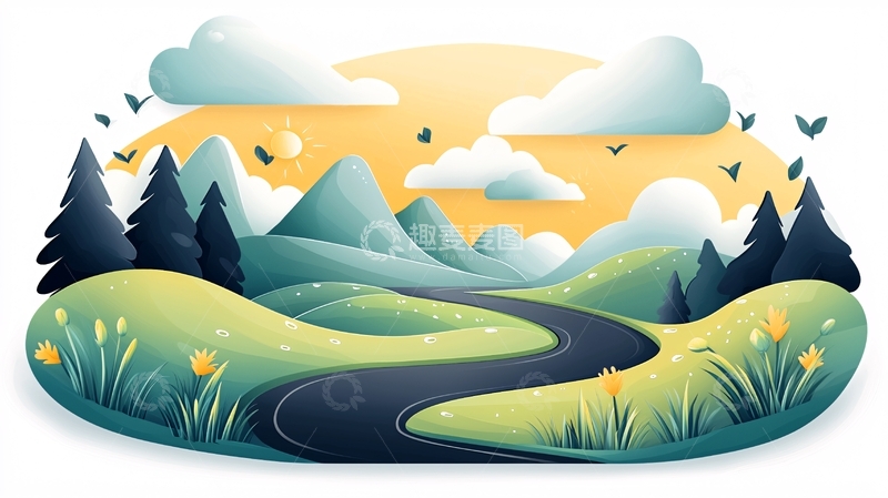 高清大图下载【趣麦麦图】卡通山水田园风光