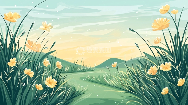 高清大图下载【趣麦麦图】绿色田野上的黄色花朵