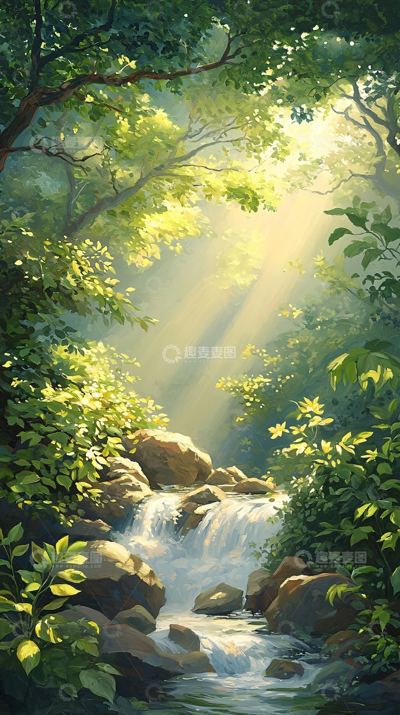 高清大图下载【趣麦麦图】阳光森林瀑布自然风景