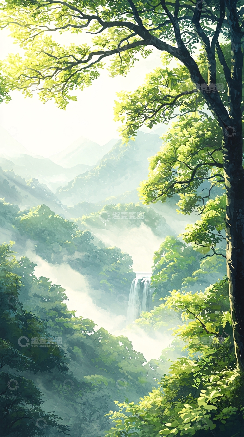 高清大图下载【趣麦麦图】山间瀑布绿树环绕