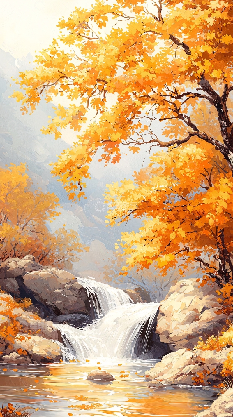 高清大图下载【趣麦麦图】秋日瀑布风景画