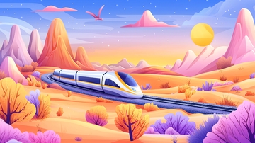 沙漠风景中飞驰的列车