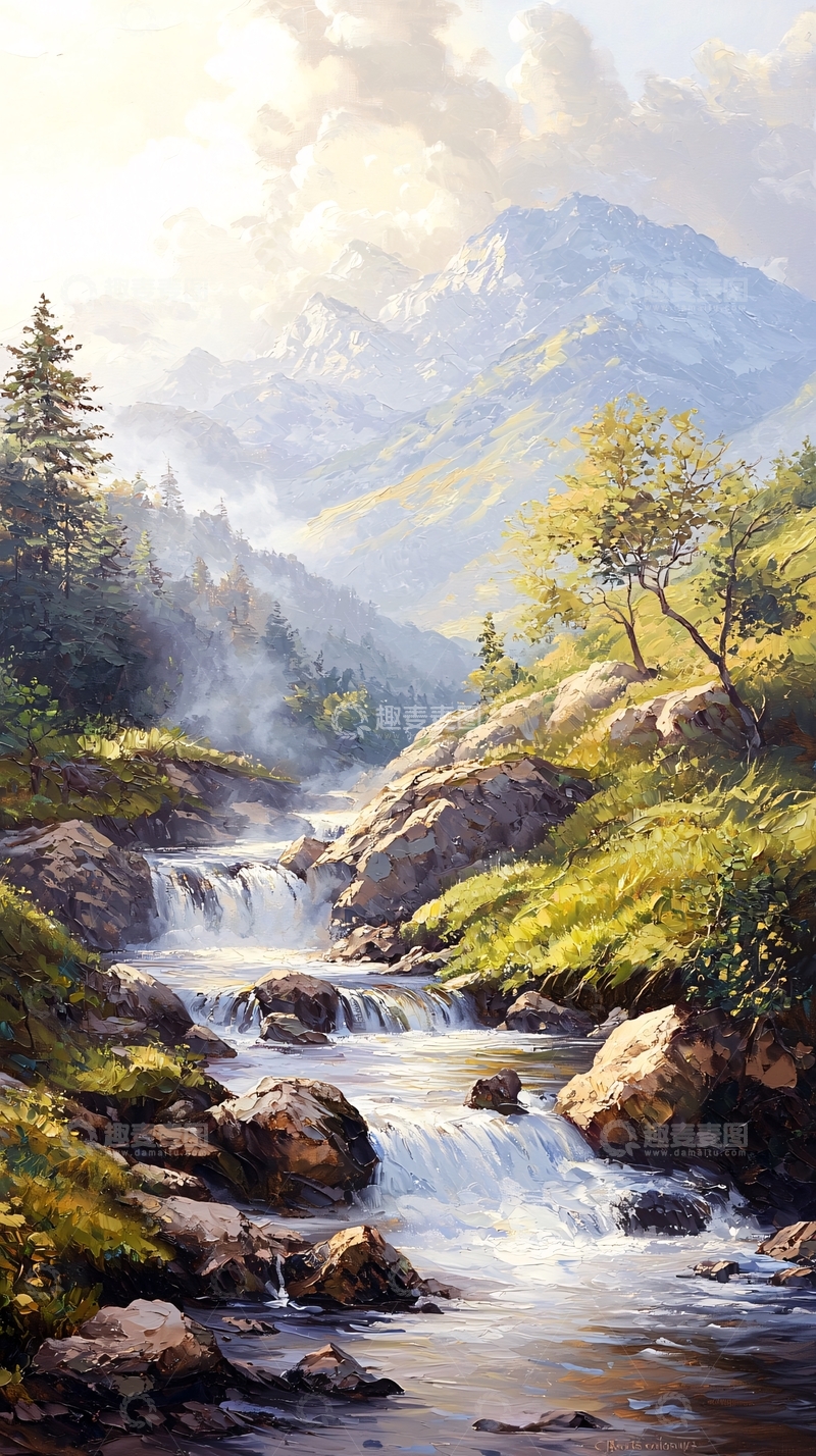 高清大图下载【趣麦麦图】山间溪流瀑布风景画