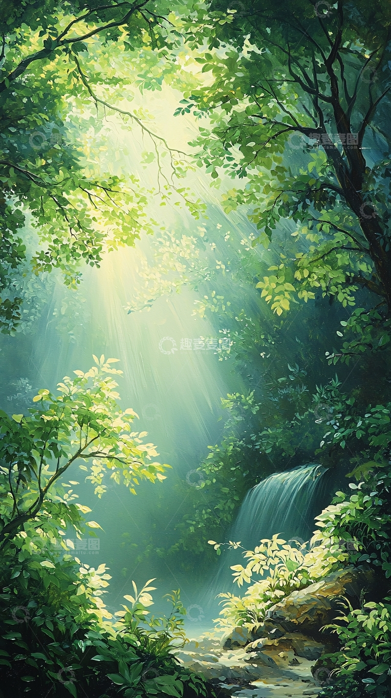 高清大图下载【趣麦麦图】森林中的阳光瀑布