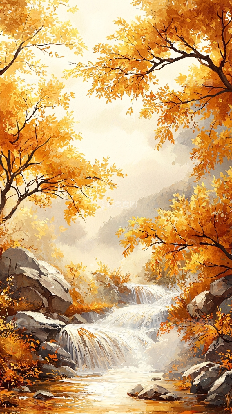 高清大图下载【趣麦麦图】秋日溪流瀑布风景画