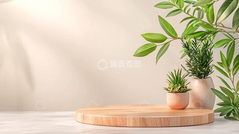 高清大图下载【趣麦麦图】简约木质圆盘上的植物展示